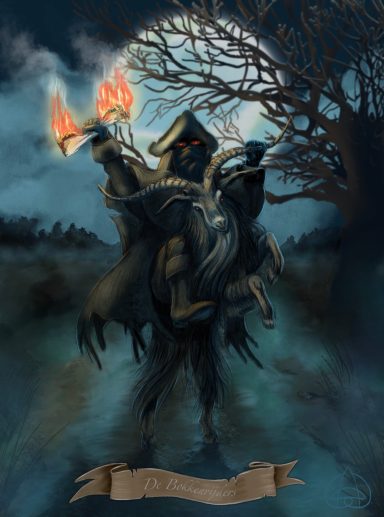 De Bokkenrijders Bokkenrijder travelling along a moonlit country road casting a strange shadow. illustration by Studio Sasafras.
