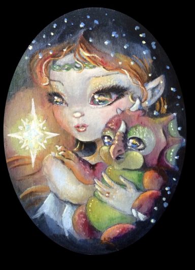Star light star bright A big eyed winter fairy and a red baby dragon watch a shining star in a snowy setting painting.