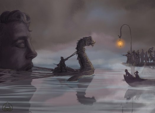 Bringing Gulliver to Lilliput A Loch Ness-like sea dragon tows Gulliver in a sail as Lilliputians gather by a lantern-lit harbour at dawn. illustrated by Studi Sasafras.
