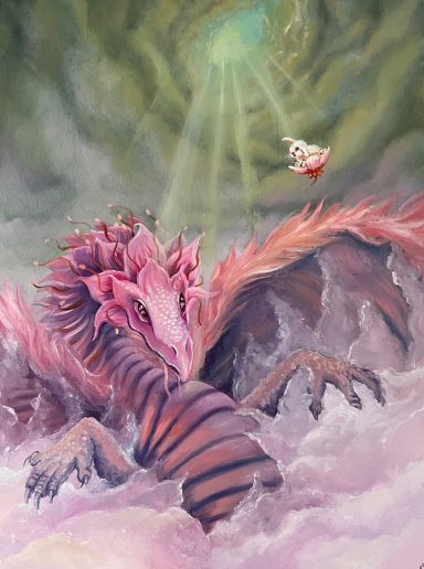 Year of the dragon Year of the dragon pink and purple dragon emerging from the clouds while a little rabbit floats nearby in a lotus flower fantasy painting.