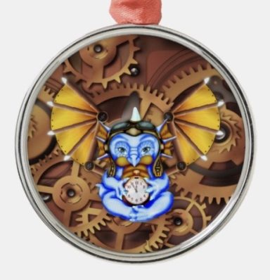 Blue baby dragon in steampunk setting holding a clock printed Zazzle ornament