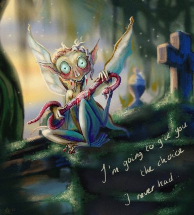 I’m going to give you the choice… Vampire Lestat-like pixie biting Louis the earthworm Louis in a dark cemetery while the sun comes up traditional and digital illustration.