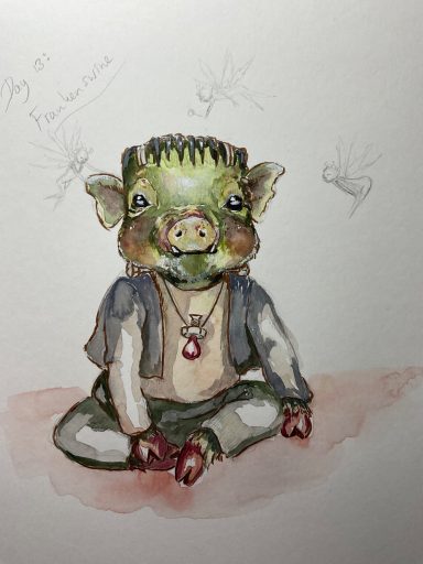 Frankenswine Frankenstein-like baby swine with a cute face surrounded by flying pixies fantasy watercolor artwork.