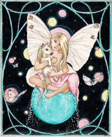 Pure Spirits A sweet fair haired fairy holding a baby unicorn while floating on a blue bubble fantasy acrylic paint illustration