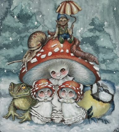 Sweet mushroom fantasy family inspired by amanita muscaria.