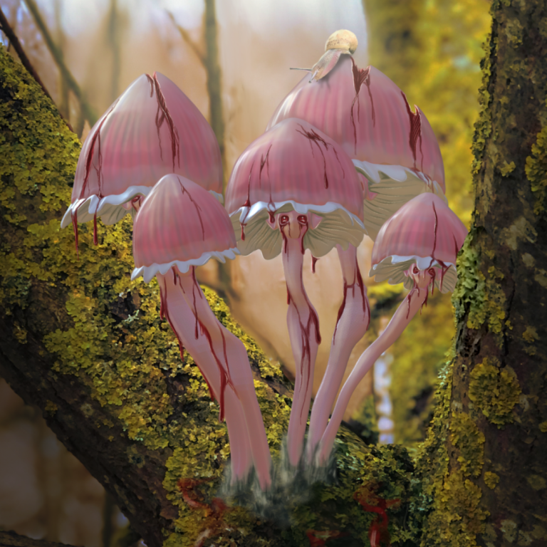 Creepy cute fantasy mushroom character inspired by Mycena Haematopus