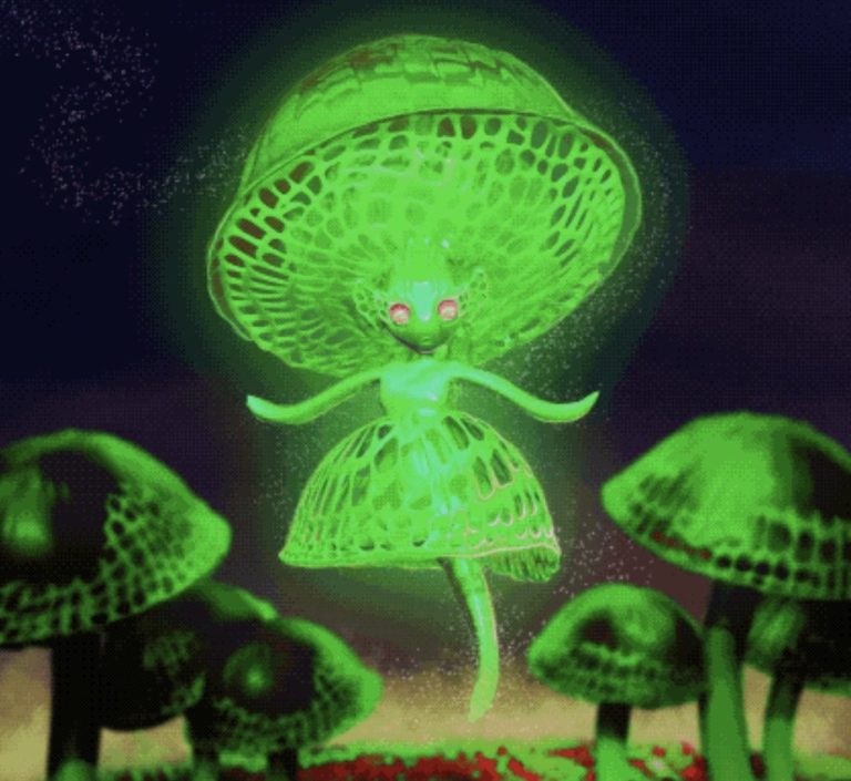 Celestial fantasy mushroom character by night inspired by filoboletus manipularis