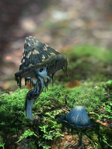 Mushroom with a hat-like cap, perched on a mossy surface, alongside a former niece.