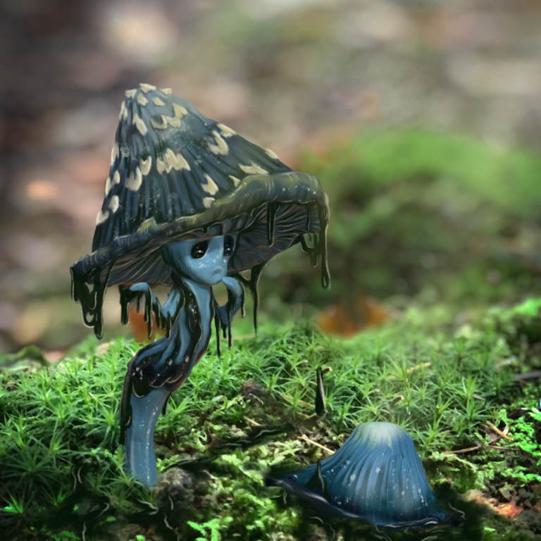 cute fantasy mushroom character inspired by Coprinopsis picacea