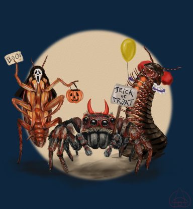 Tiny Terrors Tiny Terrors Halloween illustration featuring a spider with devil horns, a Ghostface-inspired cockroach and a Pennywise-inspired centipede.