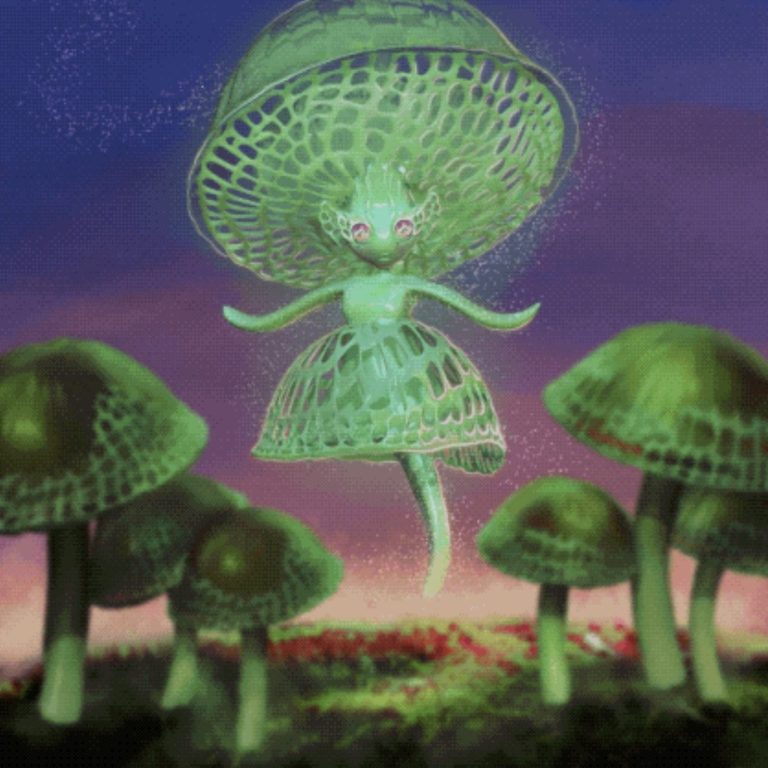 Celestial fantasy mushroom character at twilight inspired by filoboletus manipularis