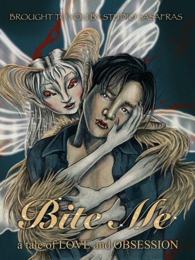 Bite Me – A Tale of Love and Obsession Moth maiden with large pale wings embracing a vampire on the fictional gothic book cover Bite Me – A Tale of Love and Obsession.