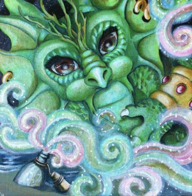 Genie in a bottle A green genie dragon emerges from a bottle on the beach fantasy acrylic painting.