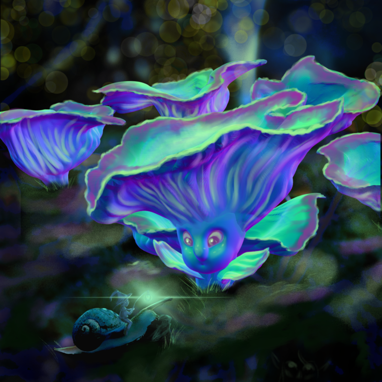 Cute luminous fantasy mushroom character inspired by Omphalotus nidiformis