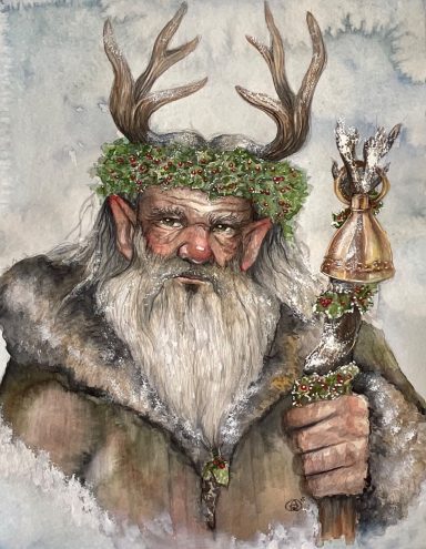 The Holly King Portrait of the Holly King surrounded by holly leaves and winter symbolism.