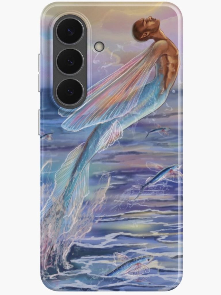Merman jumping from water surrounded by flying fish fantasy artwork printed on Redbubble phone cover