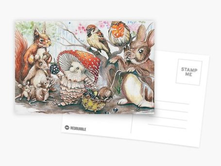 Giving Yule gifts mushroom folk Christmas Redbubble postcard