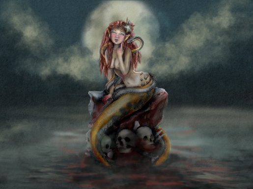 Siren’s Spell A dark fantasy mermaid with a snake tail sits on a moonlit rock with skulls of her victims underneath fantasy illustration.