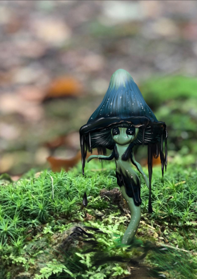 A small, mysterious ink cap mushroom girl in a lush forest.