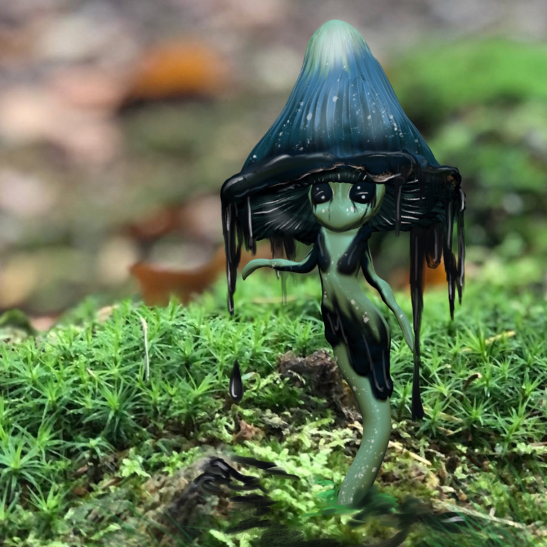 Creepy cute fantasy mushroom character inspired by Ink Cap mushroom
