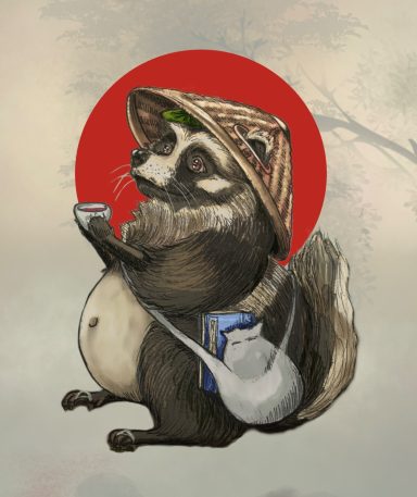 Yokai: Bake Danuki An illustration of a Bake Danuki yokai with a straw hat holding a bowl of sake.