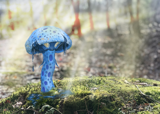 Blue milk cap mushroom figure in a sunny forest, digitally illustrated.