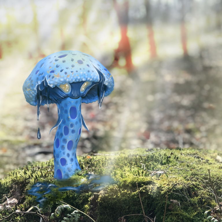 cute blue fantasy mushroom character inspired by blue milkcap mushroom