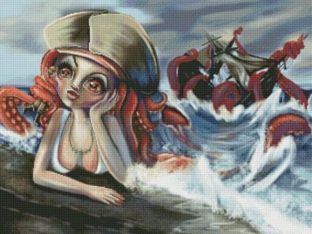 Big eyed pirate octopus mermaid capturing man and sinking a ship diamond painting