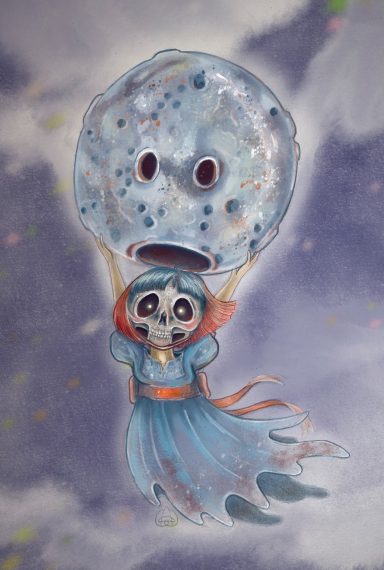 Eviline dressing up Eviline, a ghostly fantasy character with an oversized moon for a mask, reimagined by Studio Sasafras for Drawlloween.