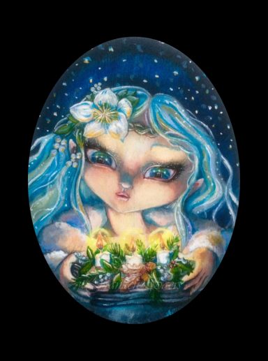Yule A blue-haired winter fairy holding a yule log with three candles in a snowy setting fantasy Christmas painting