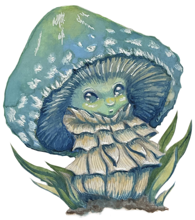 Gouache illustration of a Verdigris Agaric fairy figure.