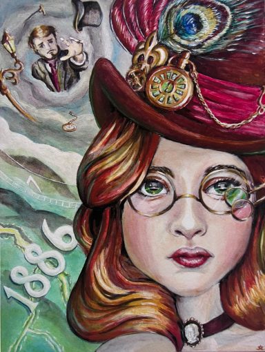 Time Traveler Victorian era steampunk lady time traveler leaves her love behind fantasy acrylic painting.