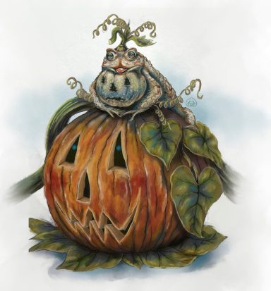Birth of a Jack-o’-lantern Jack-o'-lantern gazing up at a toad creating a baby jack-o'-lantern in a whimsical Halloween fantasy illustration by Studio Sasafras.