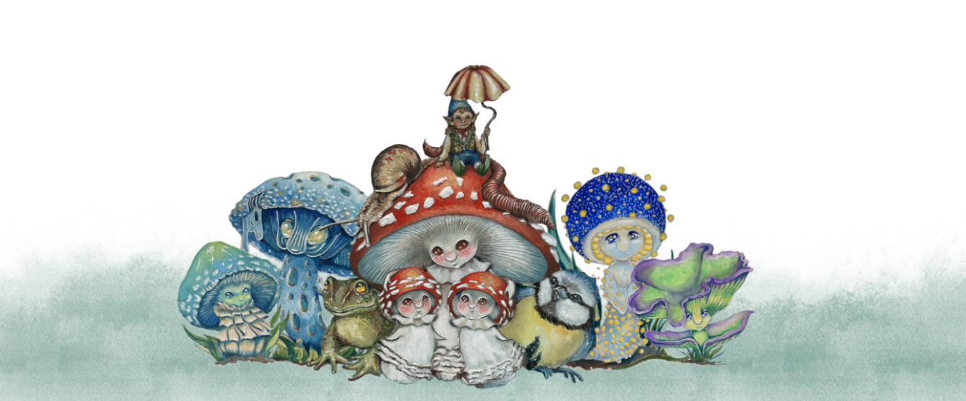 Cute fantasy mushroom characters traditionally illustrated