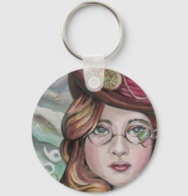 Victorian era steampunk lady time traveler fantasy artwork printed on Zazzle keychain