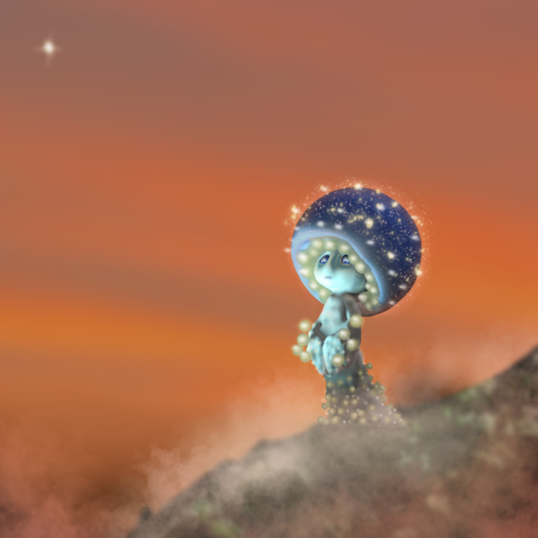cute fantasy mushroom character inspired by Mycena subcyanosephala