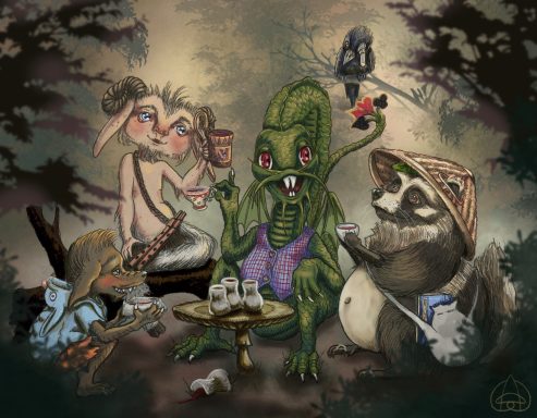 Here’s to our differences Illustration of a werewolf, faun, Jabberwocky and bake-danuki toast in the woods, with a mechanical-eyed raven in the background.