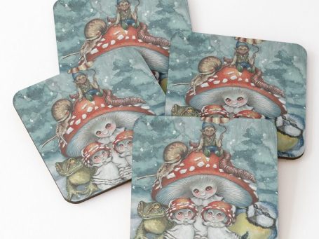 Fly agaric family fantasy artwork printed on Redbubble coasters