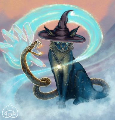 Magical opponents Magical cat with constellations in its fur, a serpent for a tail and an enchanted pendant summoning a magical hand in a fantasy illustration