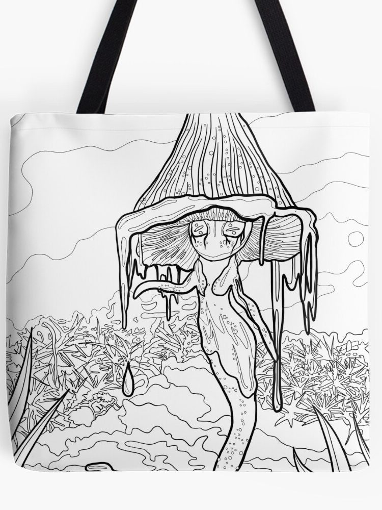 Ink Cap Mushroom Folk illustration printed on a decorative Tote bag