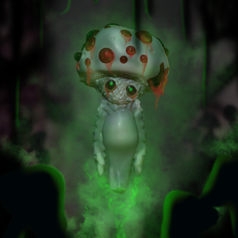 Creepy zombie-like fantasy mushroom character inspired by bleeding tooth fungus