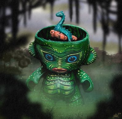 Creature of the black lagoon painted munny figure with 3D printed and painted Nessie in it’s head.