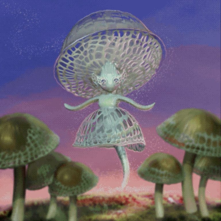 Celestial fantasy mushroom character inspired by filoboletus manipularis