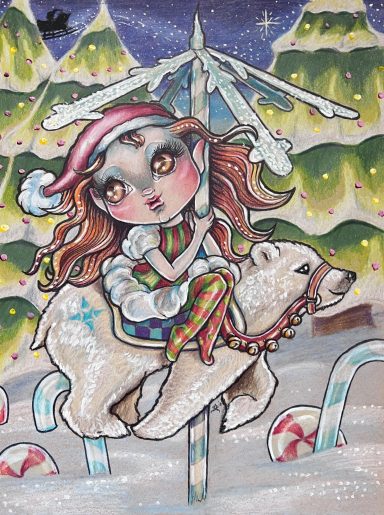 Merry Christmas Big eyed Christmas fairy riding a caroussel polar bear in a snowy setting while Santa flies through the sky in his sleigh fantasy artwork.