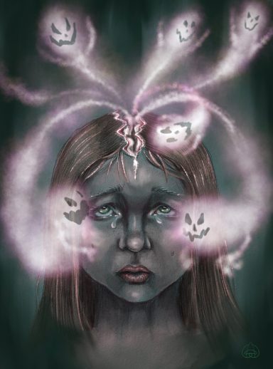 Haunted House of Thoughts Sad girl surrounded by ghost-like figures representing negative thoughts in The Haunted House of Thoughts.