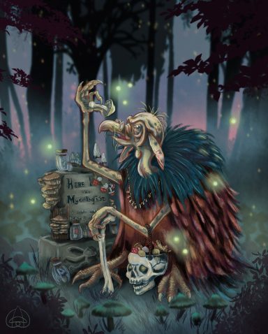 Professor Agaricus Vulturias Agaricus Vulturias, a professor-like ghoul fascinated by mushrooms, in a darkly whimsical fantasy character illustration by Studio Sasafras.