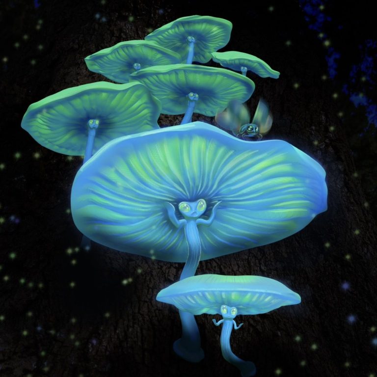 Cute luminous fantasy mushroom characters inspired by mycena chlorophos