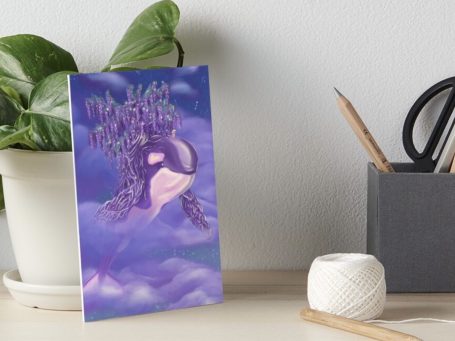 Pink and purple whale with wisteria tree on its back flying through clouds Redbubble art print