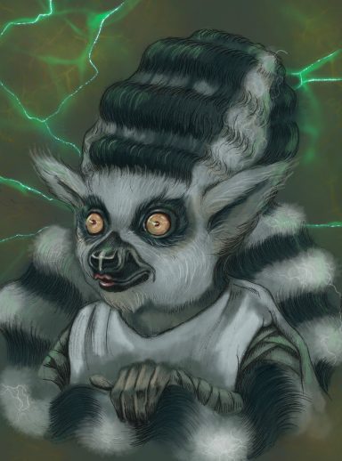 the Bride Ring-tailed lemur reimagined as the Bride of Frankenstein alongside Frankenswine in a quirky fantasy illustration by Studio Sasafras.